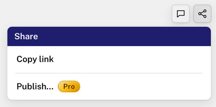 The Share menu: Copy link, and Publish, which needs Line9 Pro.
