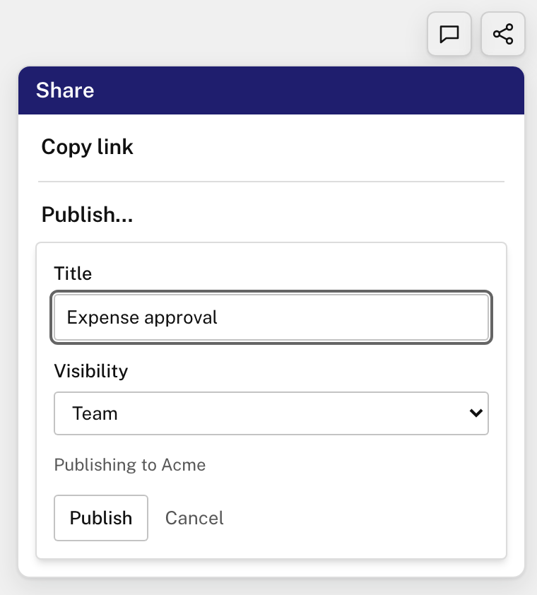 The Share menu with Publish open: the Title, Expense approval; Visibility, Team; Publishing to Acme; and the Publish and Cancel buttons.