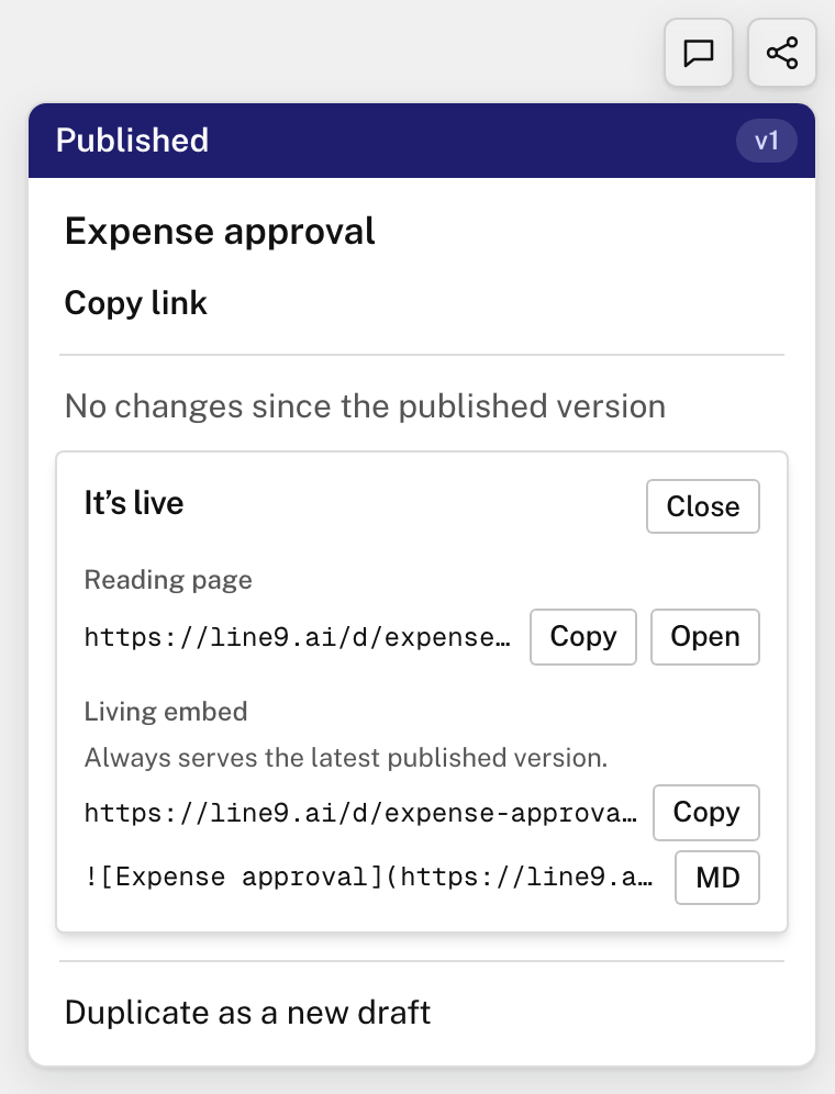 It's live: the reading page's address with Copy and Open, and the embed address with Copy and MD.