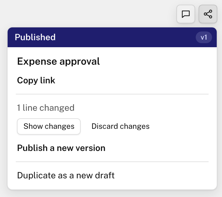 The Published menu: 1 line changed, with Show changes and Discard changes, then Publish a new version and Duplicate as a new draft.